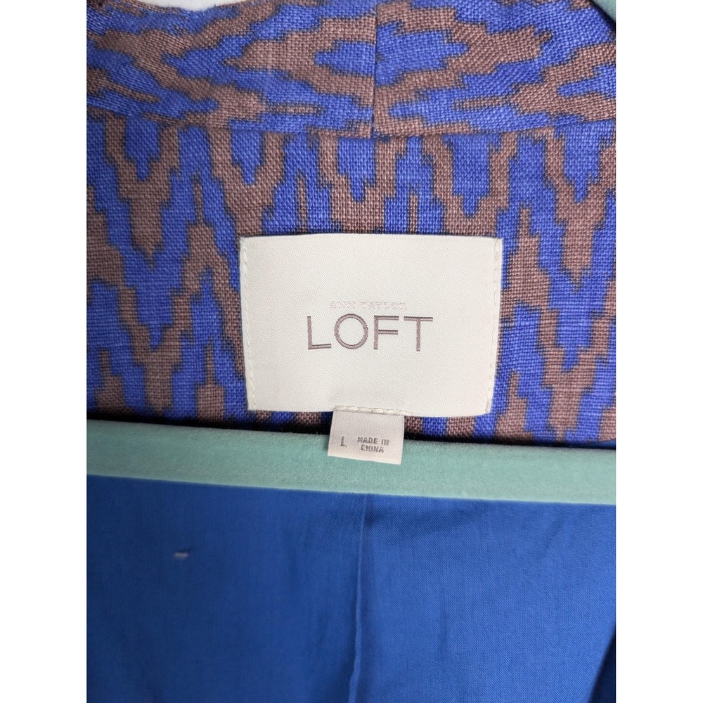 Ann Taylor LOFT Blazer Womens Large Blue Linen Chevron Open Front Lined‎ Jacket - Picture 3 of 7